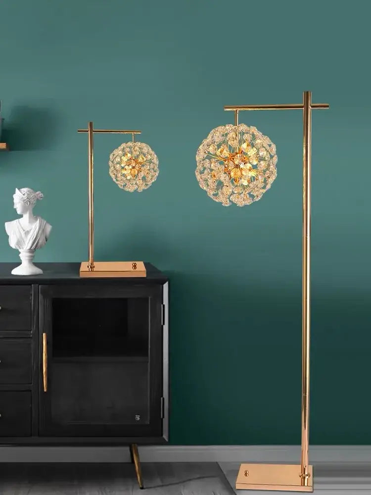 Gold-toned decorbites led sunflower floor lamp with spherical crystal-encrusted globe for living room lighting