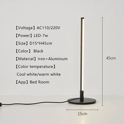 Black iron and aluminum decorbites led table lamp with minimalist design and illuminated vertical led strip for eye protection
