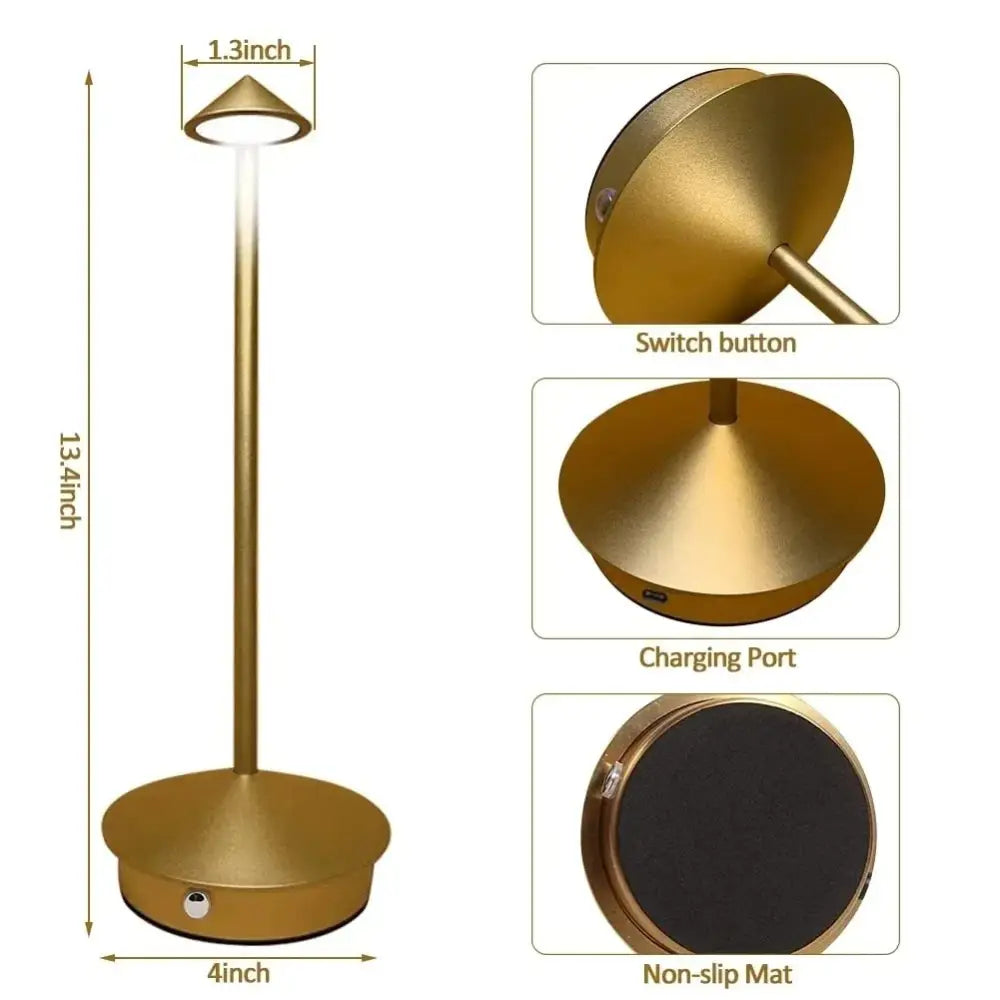 Gold-colored cone-shaped led table lamp with sleek metallic finish and integrated charging port for bedside decor