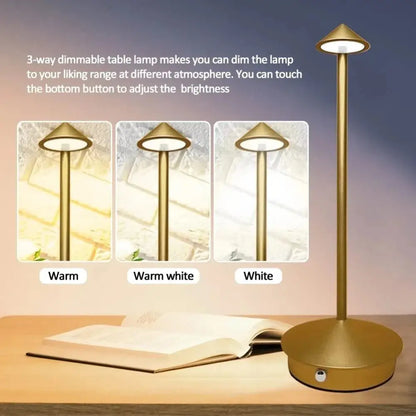 Gold finished modern led table lamp with sleek conical shade and adjustable 3-way dimmable lighting for ambient decor