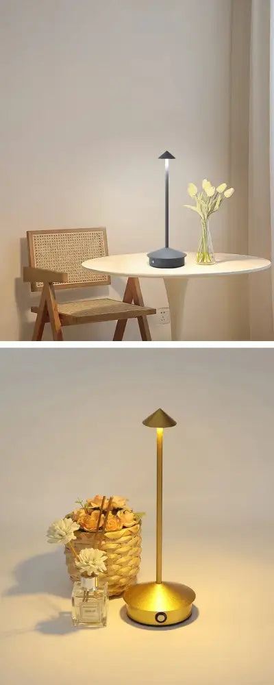 Gold-toned decorbites™ led table lamp with slender stem conical shade and touch sensor circular base for ambient lighting