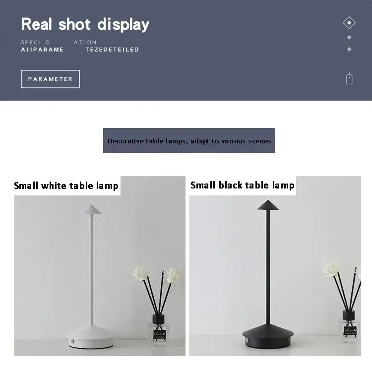 Minimalist white and black DecorBites™ led table lamps with sleek modern design and rechargeable touch sensor features