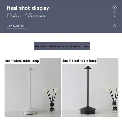 Minimalist white and black DecorBites™ led table lamps with sleek modern design and rechargeable touch sensor features