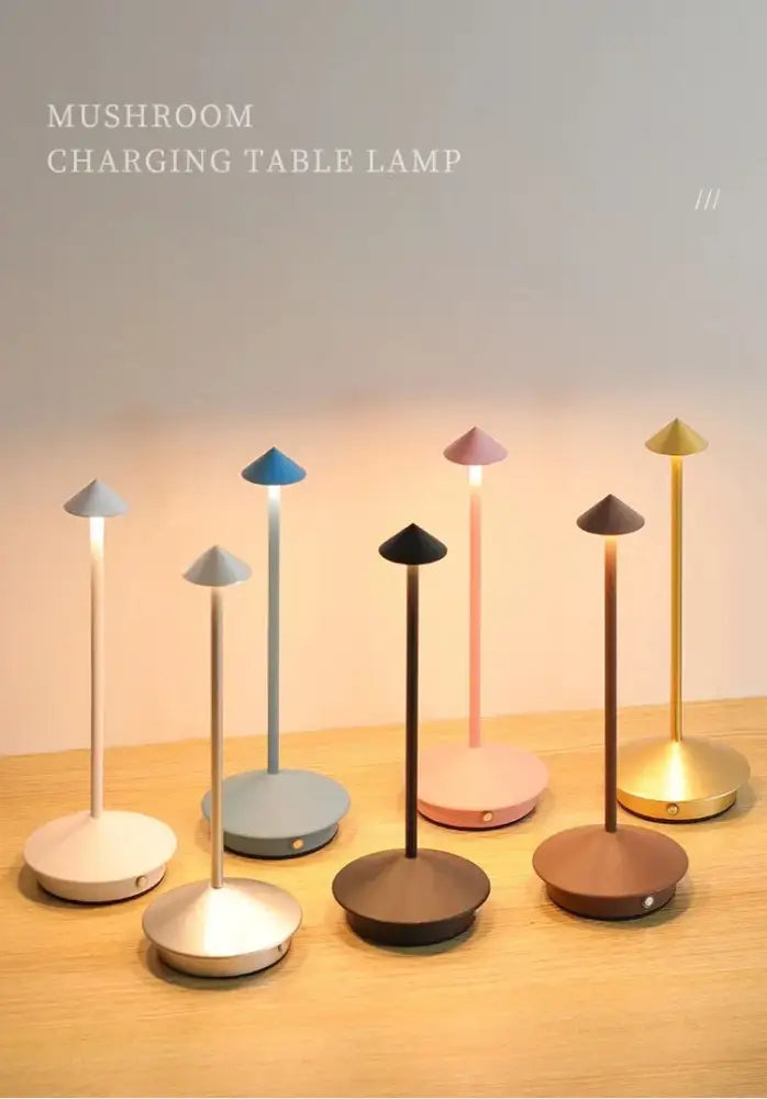 A collection of DecorBites™ led table lamps with minimalist mushroom design in pastel and metallic finishes for ambient lighting