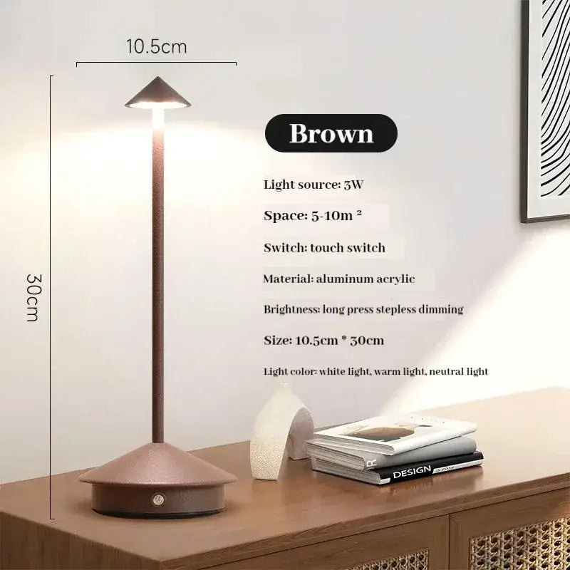 Brown aluminum acrylic led table lamp with adjustable warm and neutral light for ambient room decor and bedside use