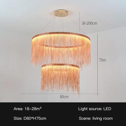 Decorbites led tassel chandelier pendant light with two-tiered golden frame and cascading crystal strands for villa hall
