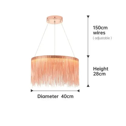 A rose gold decorbites led tassel chandelier with cylindrical design and dangling wires for modern art decor lighting