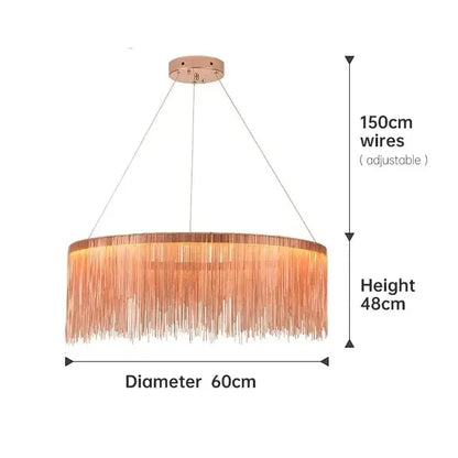 A modern copper-toned decorbites led tassel chandelier with slender metallic fringes and a circular ceiling mount