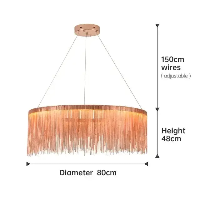 Copper-toned decorbites led tassel chandelier with cascading fringe strands and adjustable hanging wires for modern lighting