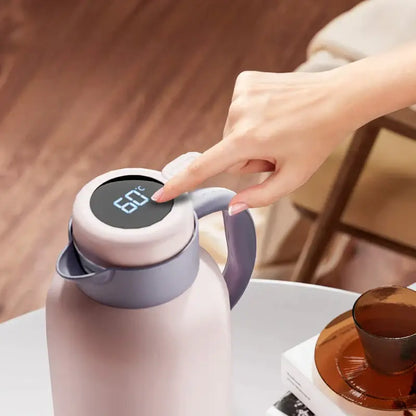 Decorbites matte pink thermo bottle with led temperature display and gray handle for hot drinks large capacity