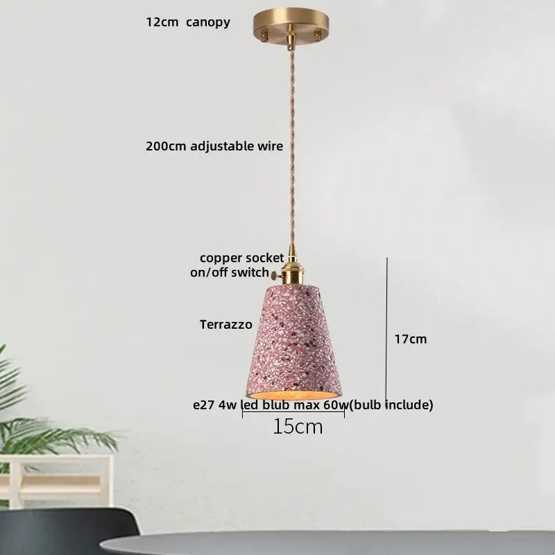 Decorbites led terrazzo pink pendant lamp with brass canopy and adjustable wire for modern lighting décor