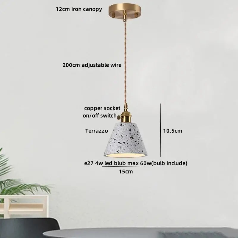 Decorbites led terrazzo pendant lamp with white stone terrazzo shade brass iron canopy and copper socket for indoor use