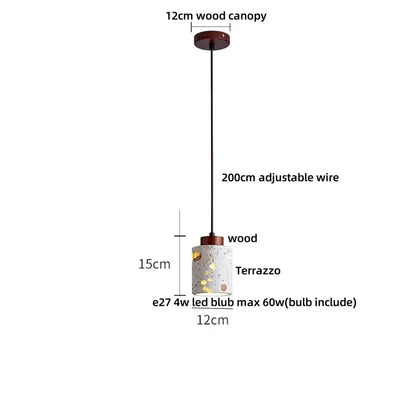 DecorBites led terrazzo pendant lamp with white stone cylindrical shade and wood canopy suspended by adjustable wire