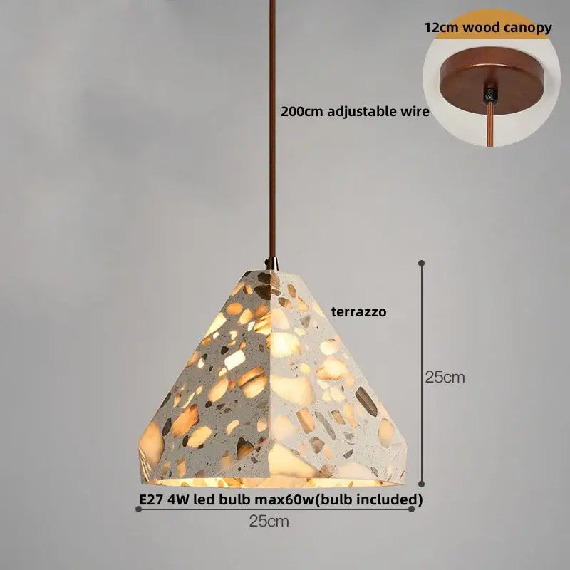 Modern decorbites led terrazzo pendant lamp with gray concrete base and golden beige stone fragments in geometric design