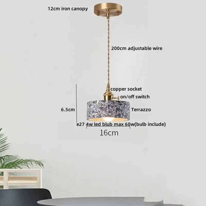 DecorBites led terrazzo pendant lamp with gray white terrazzo cylindrical shade copper socket and adjustable wire