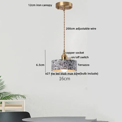 DecorBites led terrazzo pendant lamp with gray white terrazzo cylindrical shade copper socket and adjustable wire
