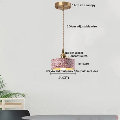 Pink terrazzo pendant lamp with brass iron canopy and copper socket from decorbites led terrazzo collection