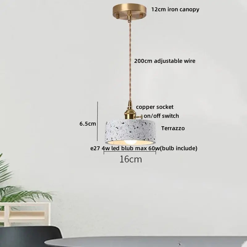 DecorBites™ LED terrazzo pendant lamp with white terrazzo shade, brass canopy, and adjustable copper wire suspension