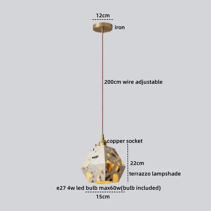 DecorBites led terrazzo pendant featuring a geometric speckled white gray yellow lampshade with copper and brass mount