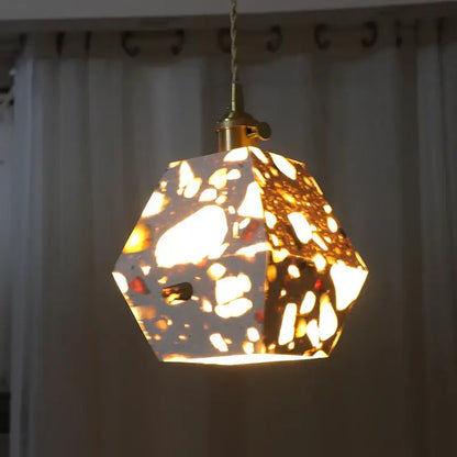 Hexagonal decorbites led terrazzo pendant light with speckled concrete finish and brass hardware for Japanese style rooms