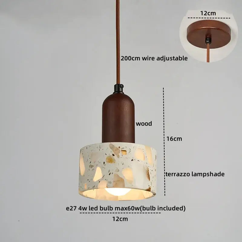Decorbites led terrazzo pendant light with dark wood stem and white terrazzo shade featuring golden flecks for living room