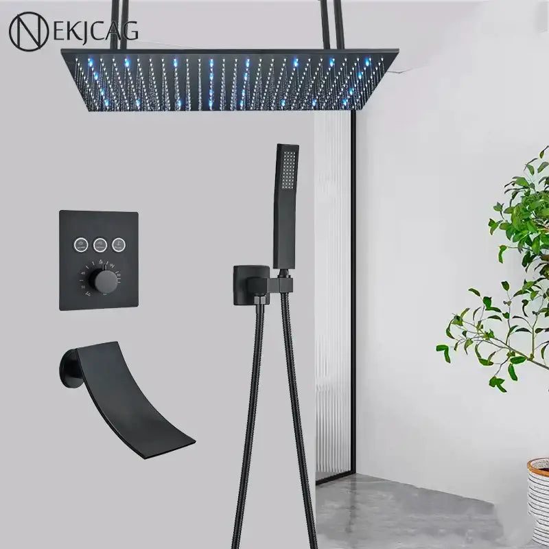 Black matte decorbites led thermostatic rainfall shower head with blue led lights embedded in square brass design