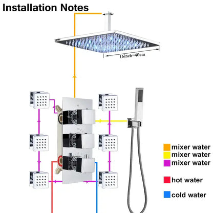 Chrome rain shower head 16 inch with blue led lights for DecorBites led thermostatic shower faucet bath mixer tap
