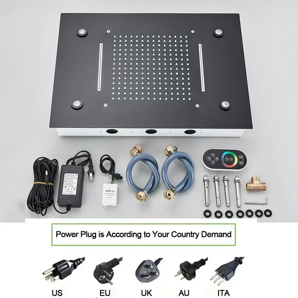 Black rectangular decorbites™ led thermostatic shower faucet set with water jets rain slots installation hardware and rgb remote