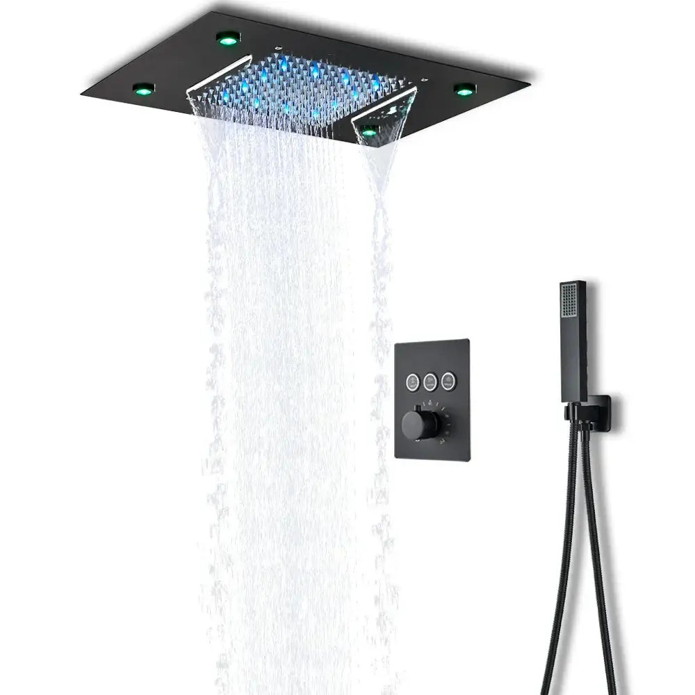 Black square rain shower head with blue led lights and handheld showerhead in decorbites led thermostatic shower system