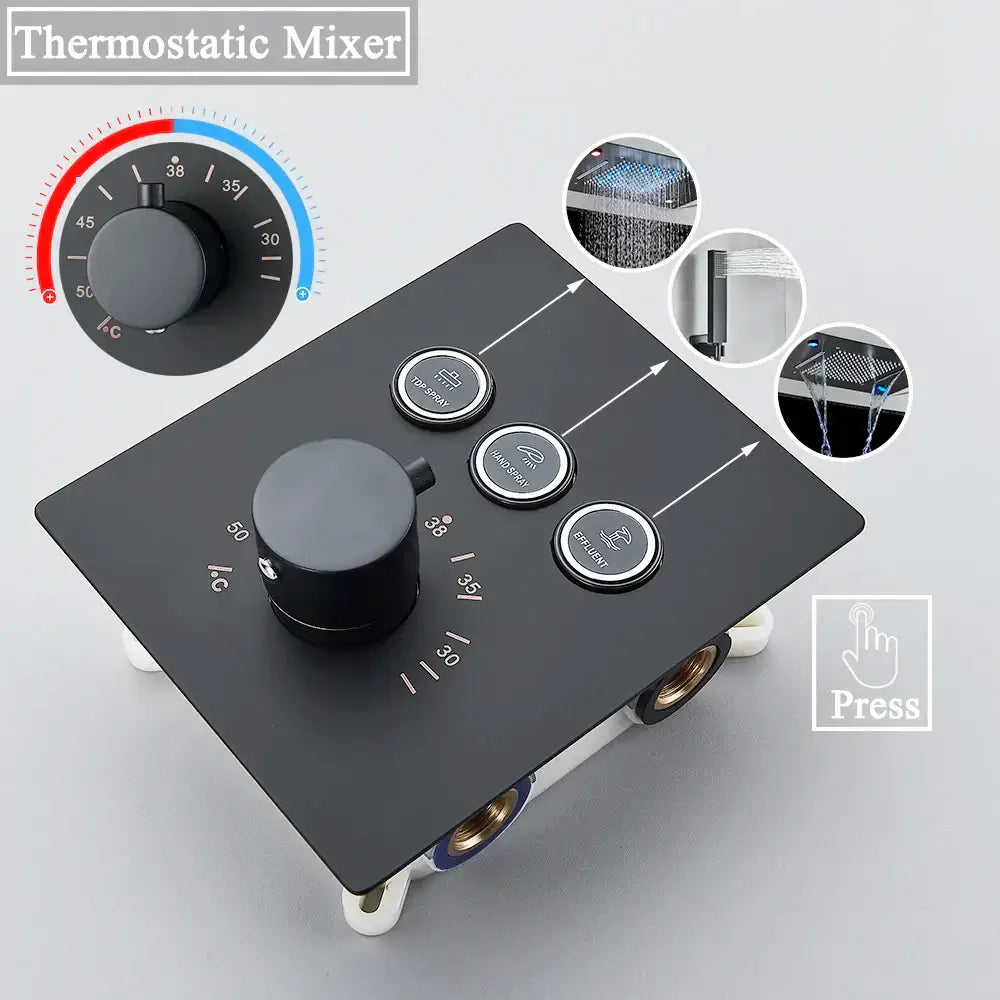 Black matte decorbites led thermostatic shower mixer with temperature dial and three spray mode buttons for precise control