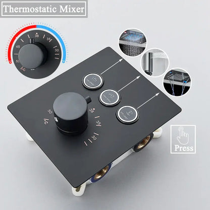 Black matte decorbites led thermostatic shower mixer with temperature dial and three spray mode buttons for precise control