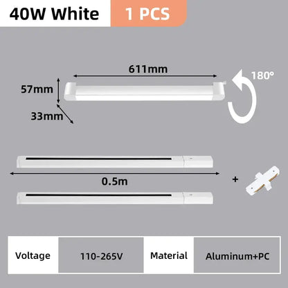 White 40w led track light set with aluminum and pc construction featuring sleek rectangular design and adjustable mounting