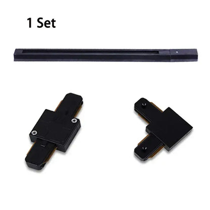 Black plastic DecorBites™ LED track light set with straight rail and two L-shaped connectors for home decor lighting