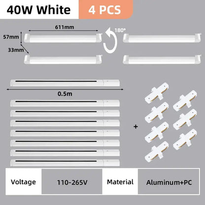 White 40w led track light set with aluminum and pc construction designed for flexible home decor installation