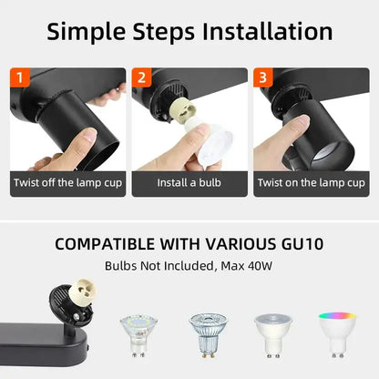 Decorbites™ black cylindrical led track spot with textured surface and integrated base for gu10 bulb installation