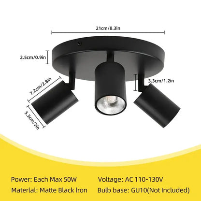 Matte black iron led track spot light fixture with three adjustable heads for bedroom corridor shop lighting