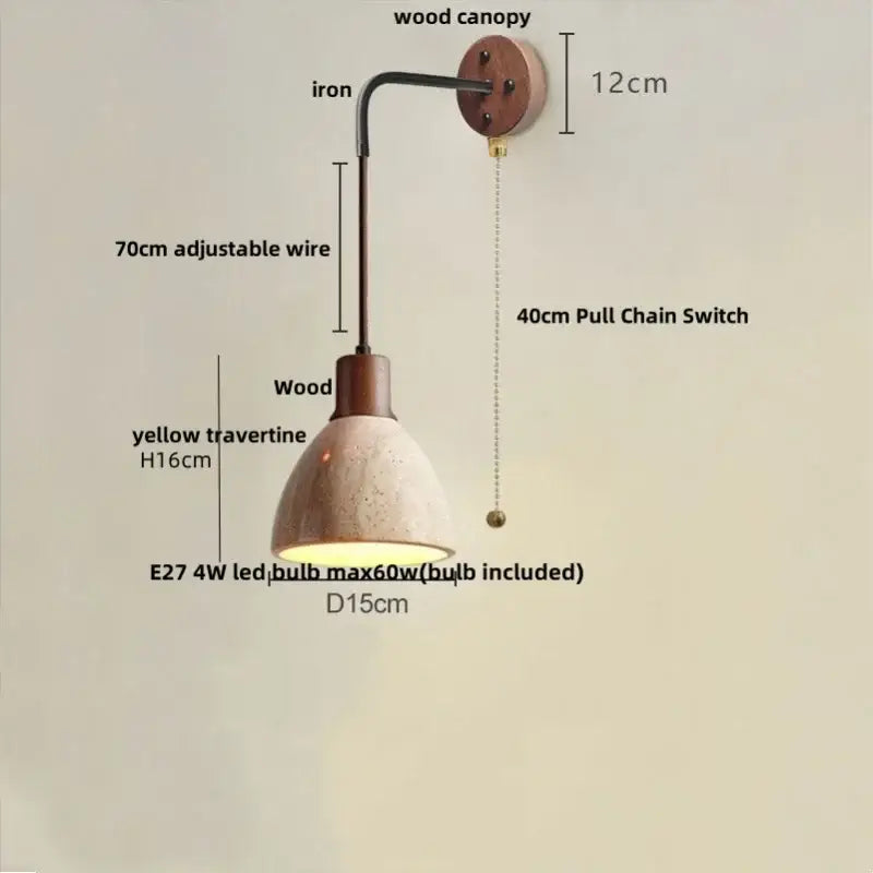 DecorBites led travertine wall lamp with wooden canopy iron arm and yellow travertine stone shade with e27 led bulb