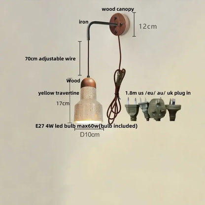 DecorBites LED travertine wall lamp with wooden canopy, adjustable iron arm, 70cm wire, and yellow travertine stone shade