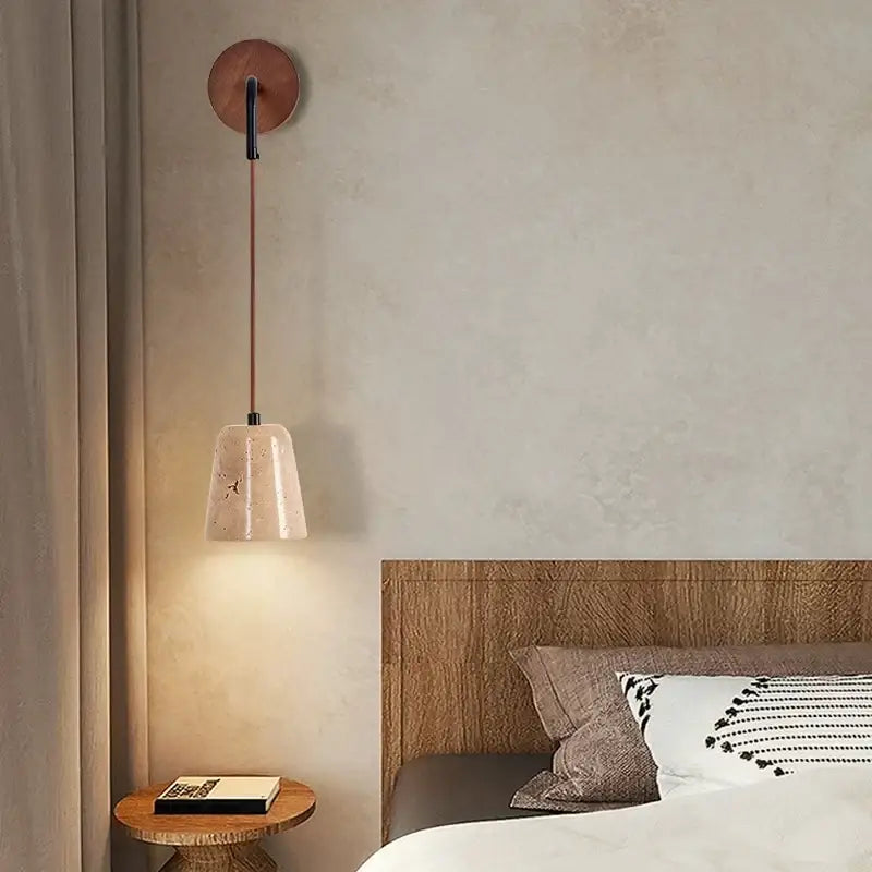 Minimalist decorbites led travertine stone wall lamp with copper base, bronze cord, and beige glass shade for modern lighting