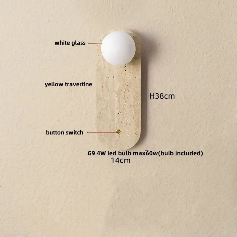 A decorbites led travertine wall light with a white glass globe and yellow textured base with integrated button switch