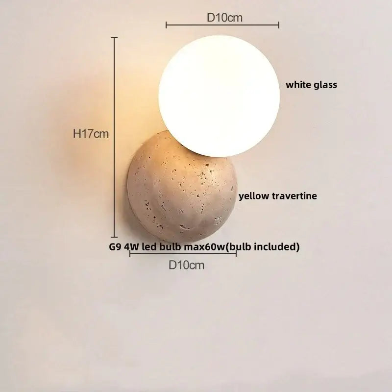 Modern DecorBites LED travertine wall light with white glass upper sphere and yellow travertine base for aisle and porch lighting