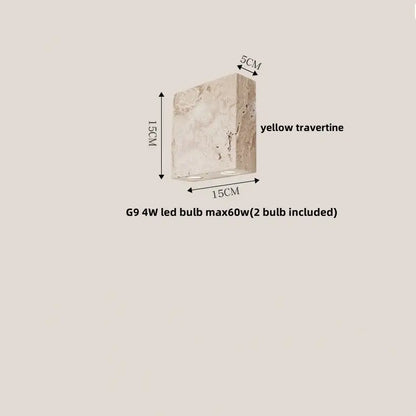 A rectangular yellow travertine wall light by DecorBites with two embedded G9 LED bulbs for natural ambiance