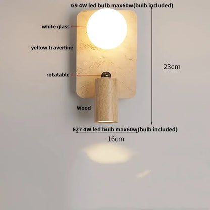 Modern decorbites led travertine wall light with yellow rectangular backplate and dual integrated g9 and e27 bulbs
