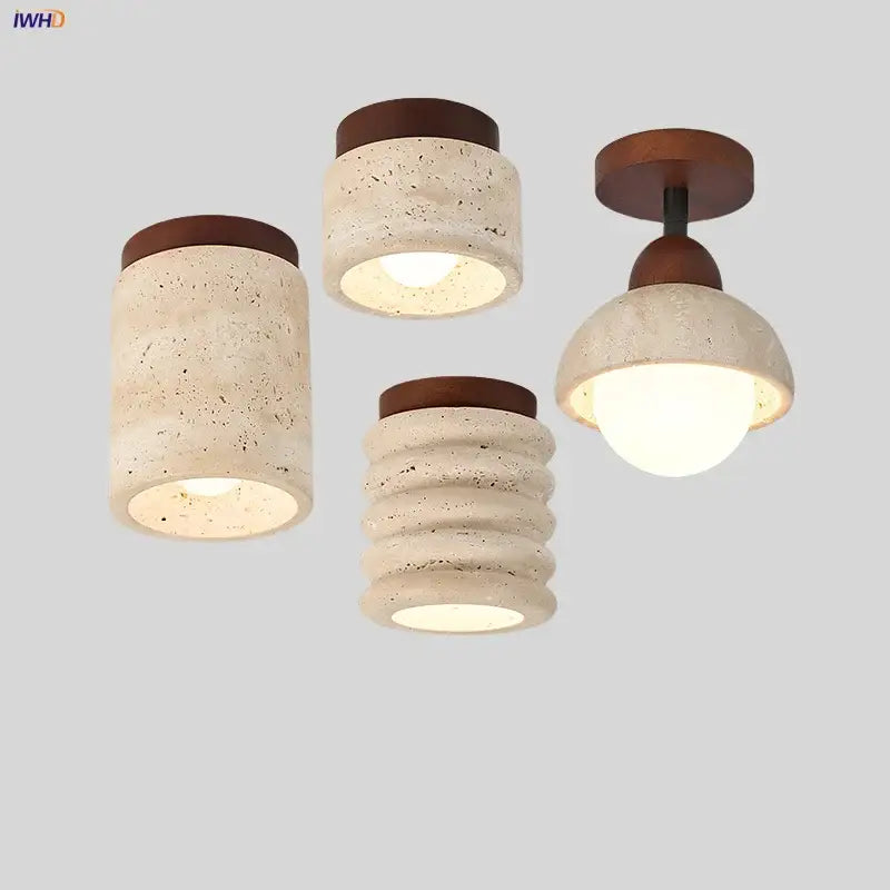 Set of four modern concrete ceiling lights with warm wooden accents in decorbites led travertine wood style