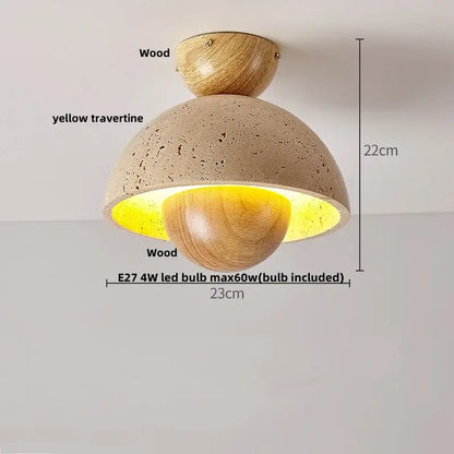 A modern decorbites led travertine ceiling light with a textured yellow dome and wooden accents featuring an e27 4w led bulb
