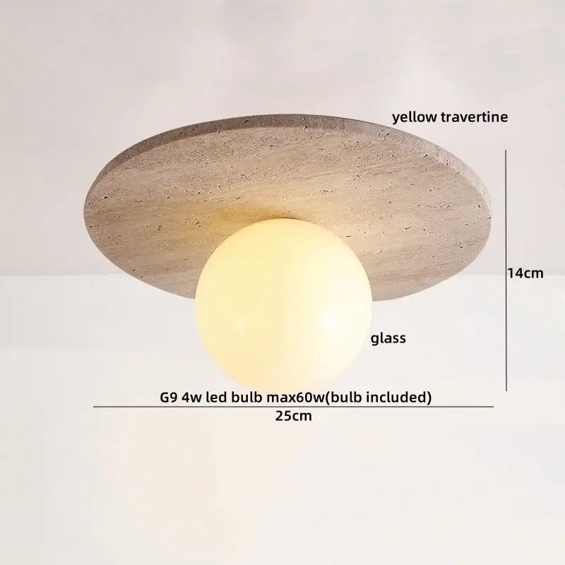 A modern ceiling light with a circular yellow travertine base and warm glass globe by decorbites led travertine wood