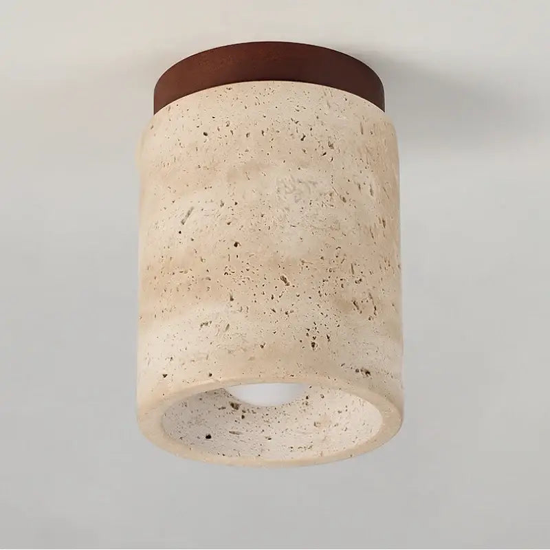 Cylindrical decorbites led travertine wood ceiling light with dark wood trim for modern nordic interiors