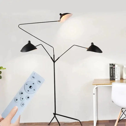 Black metal decorbites led tripod floor lamp with three adjustable arms and dome-shaped shades for industrial loft decor