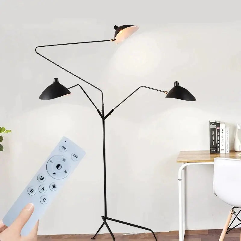 Black metal decorbites led tripod floor lamp with three adjustable arms and dome-shaped shades for industrial loft decor