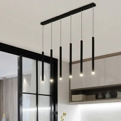 Modern black cylindrical DecorBites LED tube pendant light with minimalist design for dining room kitchen or bar lighting